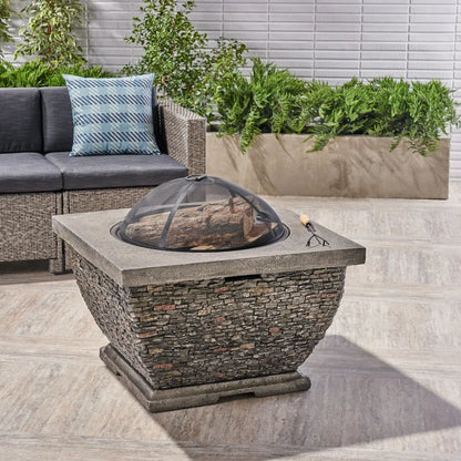 32" Square MgO Light-Weight Concrete Fire Pit Grey Wood Burning Fire Bowl for Outdoor Patio Backyard Garden