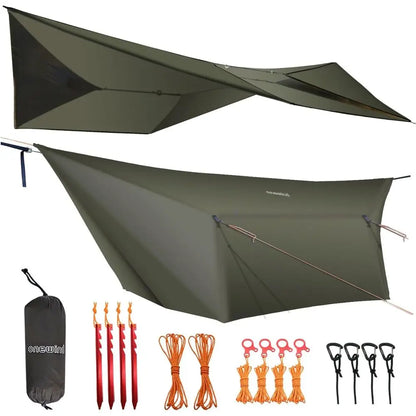Ultralight 12x10ft Silnylon Hammock Rain Fly, Lightweight Waterproof Camping Shelter with Setup Kit, OD Green