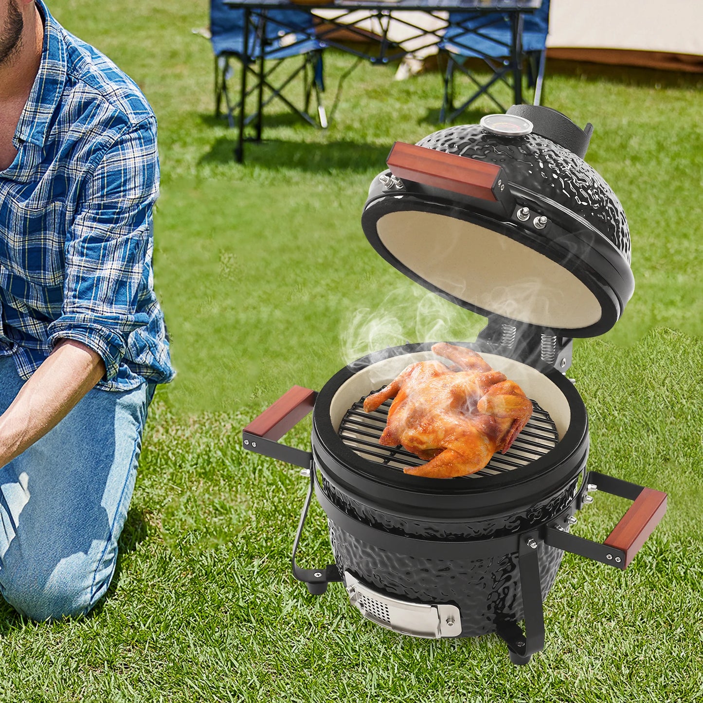 13inch Ceramic Barbecue Grill Ceramic BBQ Charcoal Grill Outdoor Grill Smoker Round Ceramic Stew Grill for Picnics Patio
