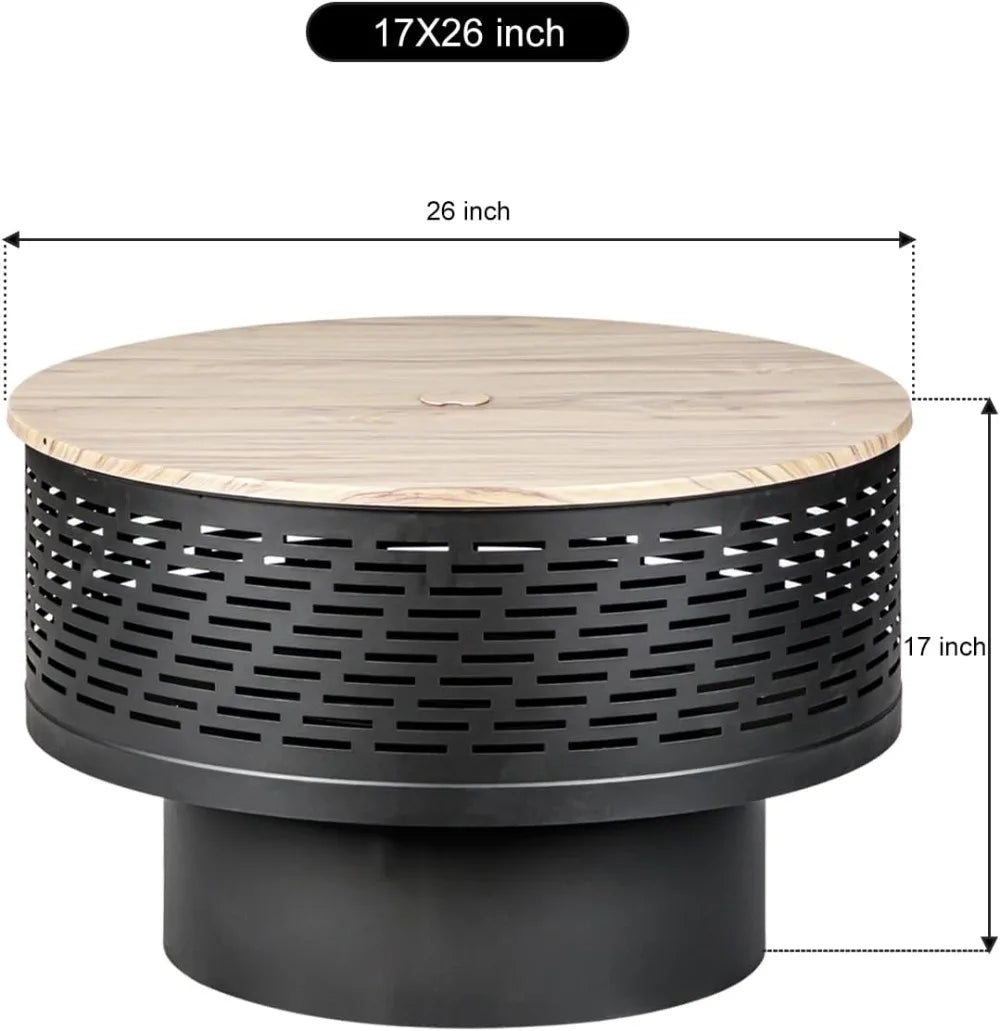 26" Wood Burning Fire Pit with Grill, Lid & Cover - Outdoor BBQ Table for Garden, Yard