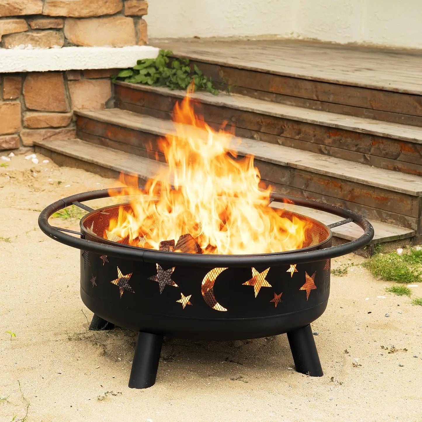 32 Inch Round Fire Pit with Mesh Cover, Fire Poker, Star and Moon Design, Metal Wood Burning Outdoor Firepit for, Customized