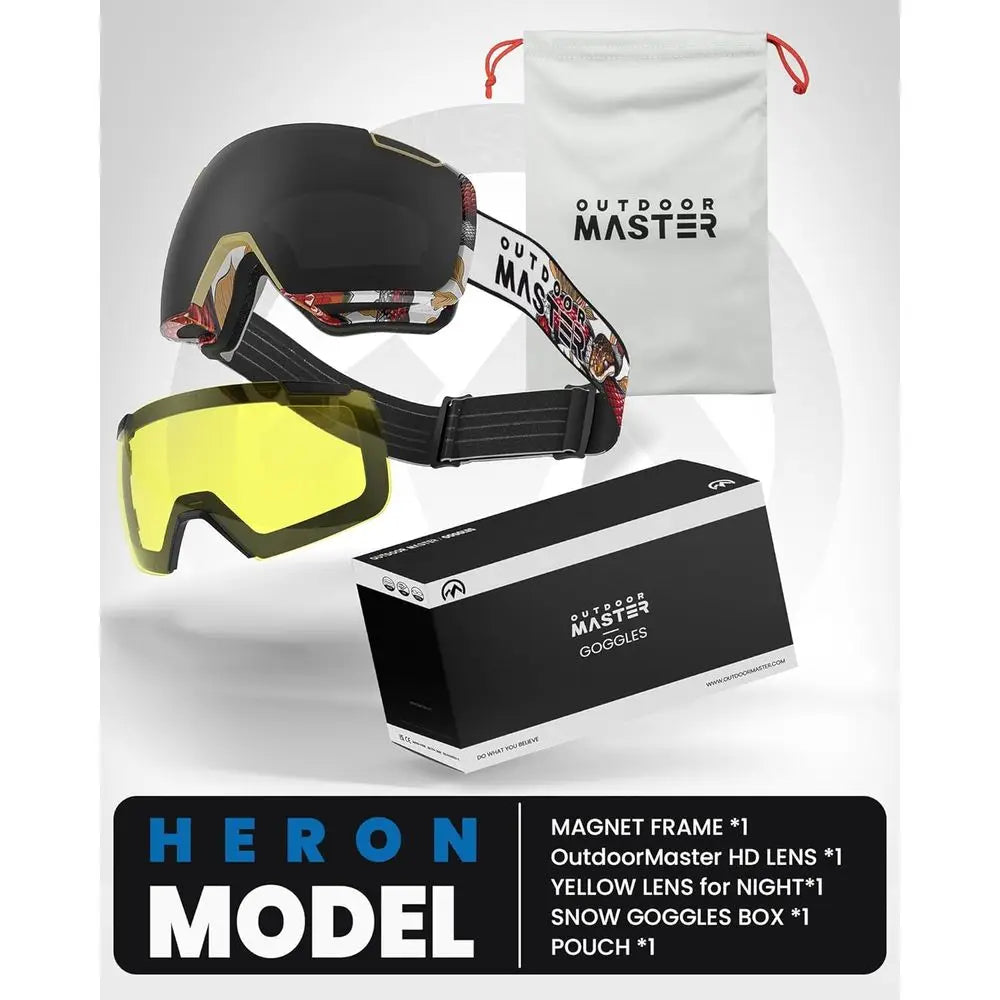 Heron Ski Goggles with 2 Magnetic HD Toric Lenses, OTG Compatible, Interchangeable Lens Design