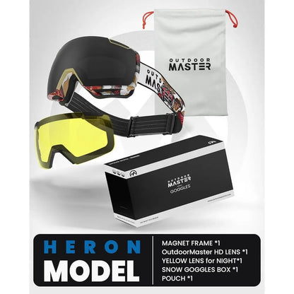Heron Ski Goggles with 2 Magnetic HD Toric Lenses, OTG Compatible, Interchangeable Lens Design