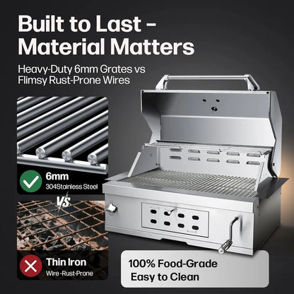 Stainless Steel Charcoal BBQ Grill with Insulated Hood, Temperature Gauge, and Ash Tray for Family Gatherings and Camping
