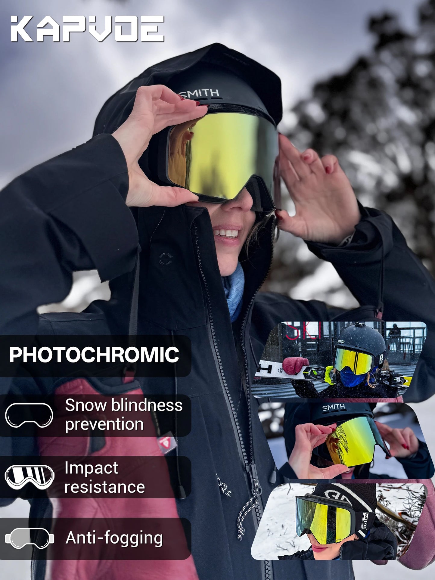 KAPVOE Outdoor Photochromic Ski Goggles Breathable HD Winter Sports Snow Glasses UV400 Anti-fog Magnetic Snowboard Glasses New