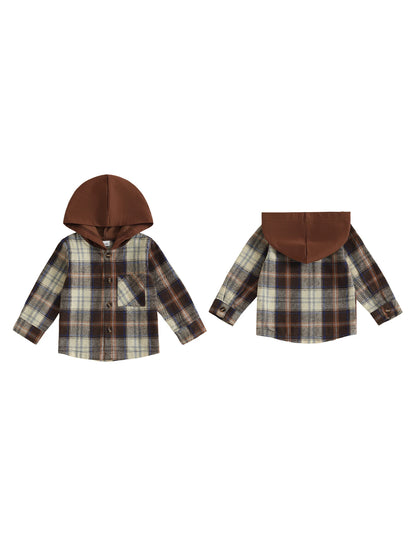 Cute Baby Boy Girl Plaid Hooded Shirt with Pockets and Button-up Design Long Sleeve Fall Tops for Casual Toddler Outfits