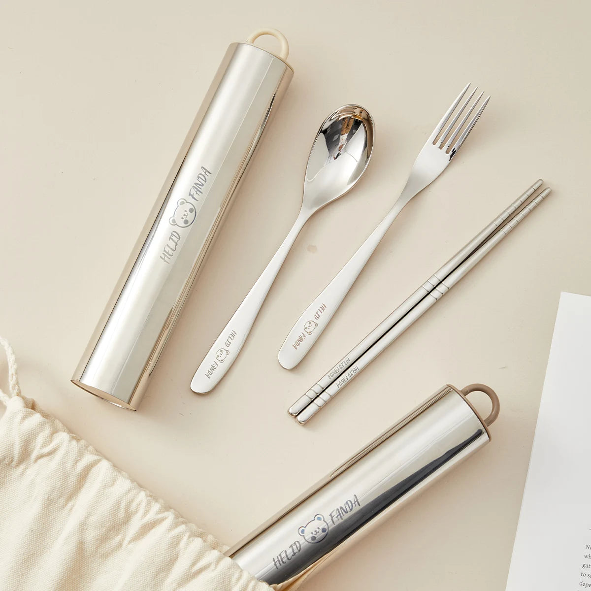 304 Stainless Steel Fork Spoon And Chopsticks Set Pull-out Camping Tableware Set Portable Cutlery Set With Storage Case