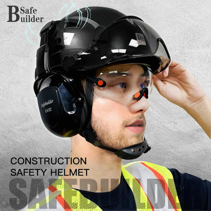 Industrial Safety Helmet with Visor and Ear Muffs, Vented Hard Hat for Construction Work Head Protection ANSI Compliant
