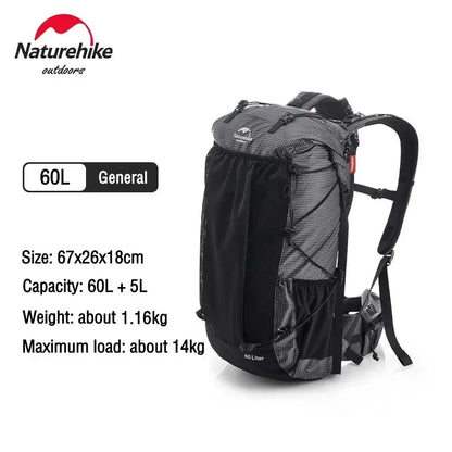 Naturehike Hiking Backpack Outdoor Sports Bag 60+5L Large Capacity Ergonomic Design Backpack Camping Travel Waterproof Bagpack