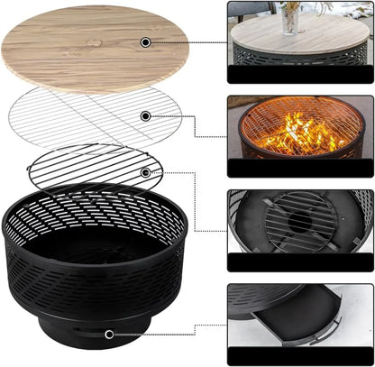 26" Wood Burning Fire Pit with Grill, Lid & Cover - Outdoor BBQ Table for Garden, Yard