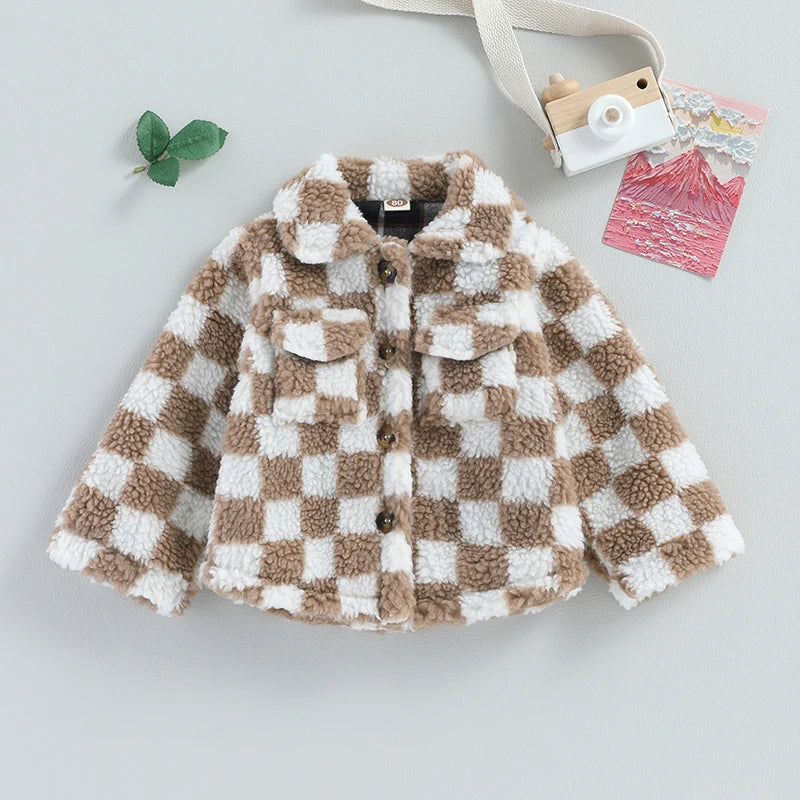 Girls Plaid Fleece Coat with Turn-Down Collar and Button Closure Long Sleeve Sherpa Jacket for Winter Warmth Toddler Kids
