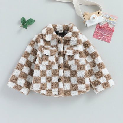Girls Plaid Fleece Coat with Turn-Down Collar and Button Closure Long Sleeve Sherpa Jacket for Winter Warmth Toddler Kids