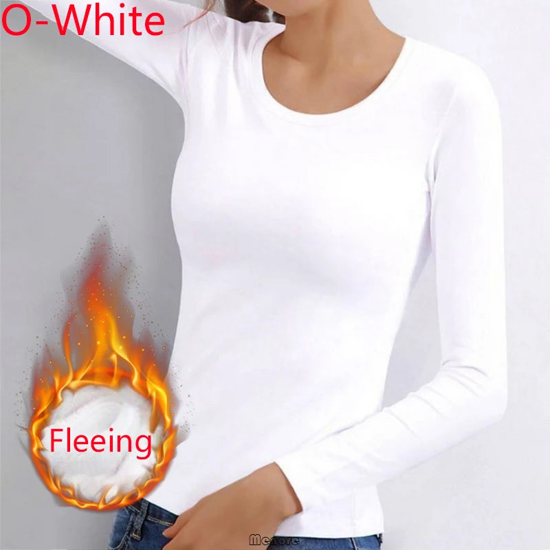 Winter Bottoming Shirt Women Thermal Underwear Solid Color German Velvet Long-Sleeved Basic T-Shirt Heating Fiber Thermal 2028