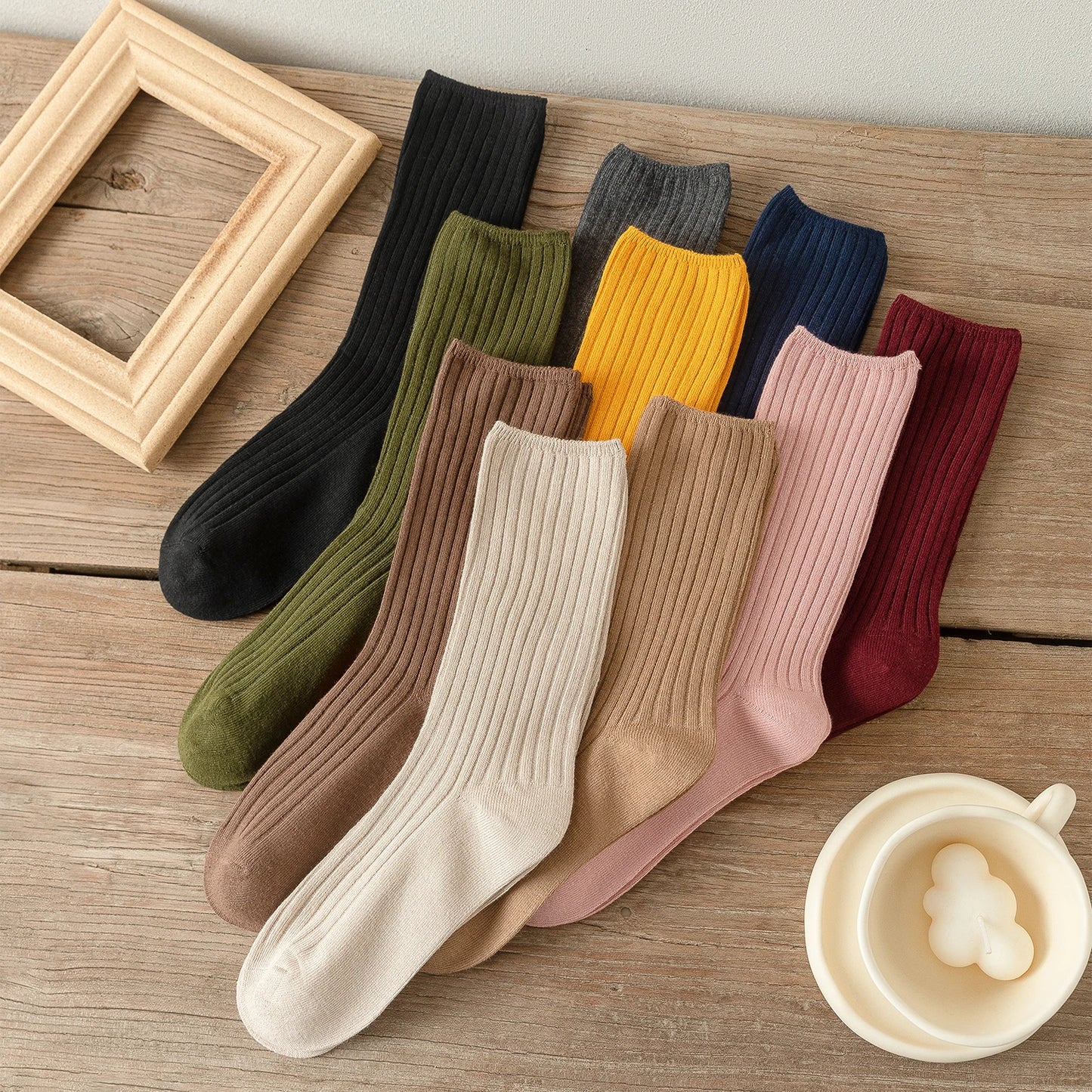 10Pairs Retro Women Cotton Loose Socks Autumn Winter Knitting Solid Color Long Black Pink Student Girls Sock US5-9
