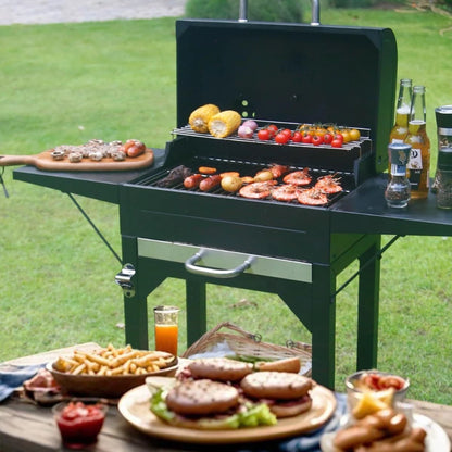 17 Inch Charcoal Grill with Two Side Tables, Outdoor Smoker BBQ Grill for Camping Patio Backyard Picnic, Black