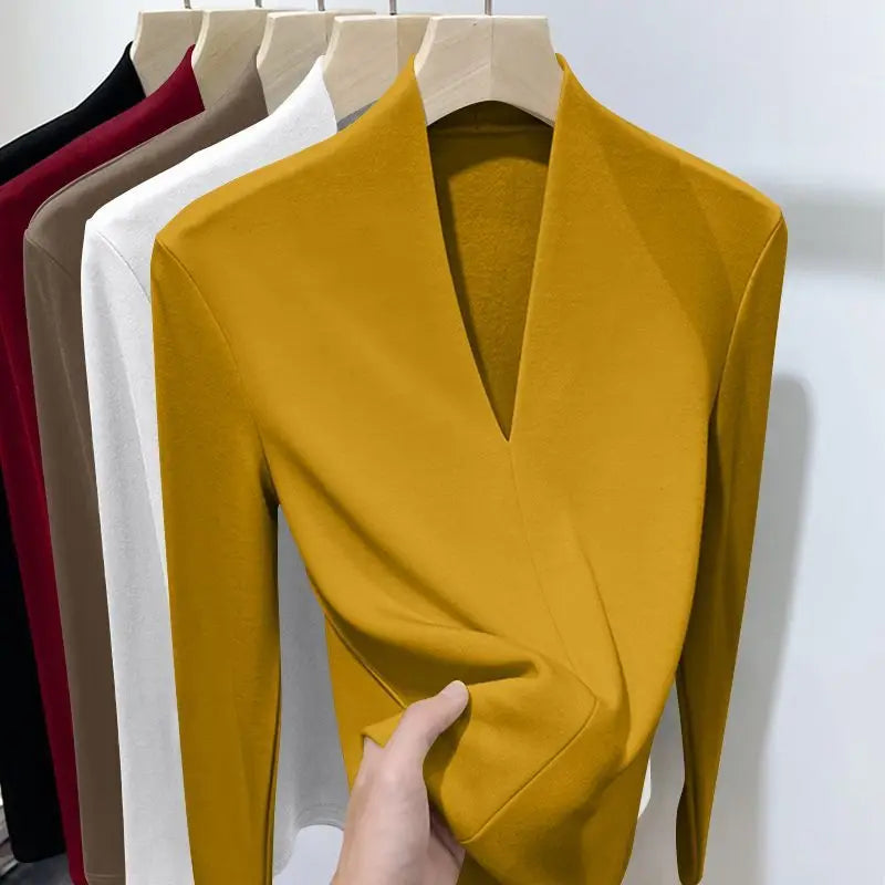 Autumn Winter New Long Sleeve T-Shirts Women Solid V-Neck Plus Velvet Thicken Warm Fashion Slim Pullovers Bottoming Shirt Tops