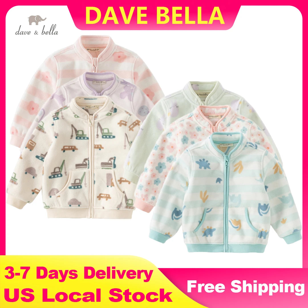 Dave Bella Long Sleeve Polar Fleece Coat for Gilrs Boys Cute Printed Spring Autumn Coat Children Casual Warm Clothes DB396
