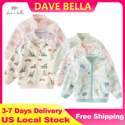 Dave Bella Long Sleeve Polar Fleece Coat for Gilrs Boys Cute Printed Spring Autumn Coat Children Casual Warm Clothes DB396