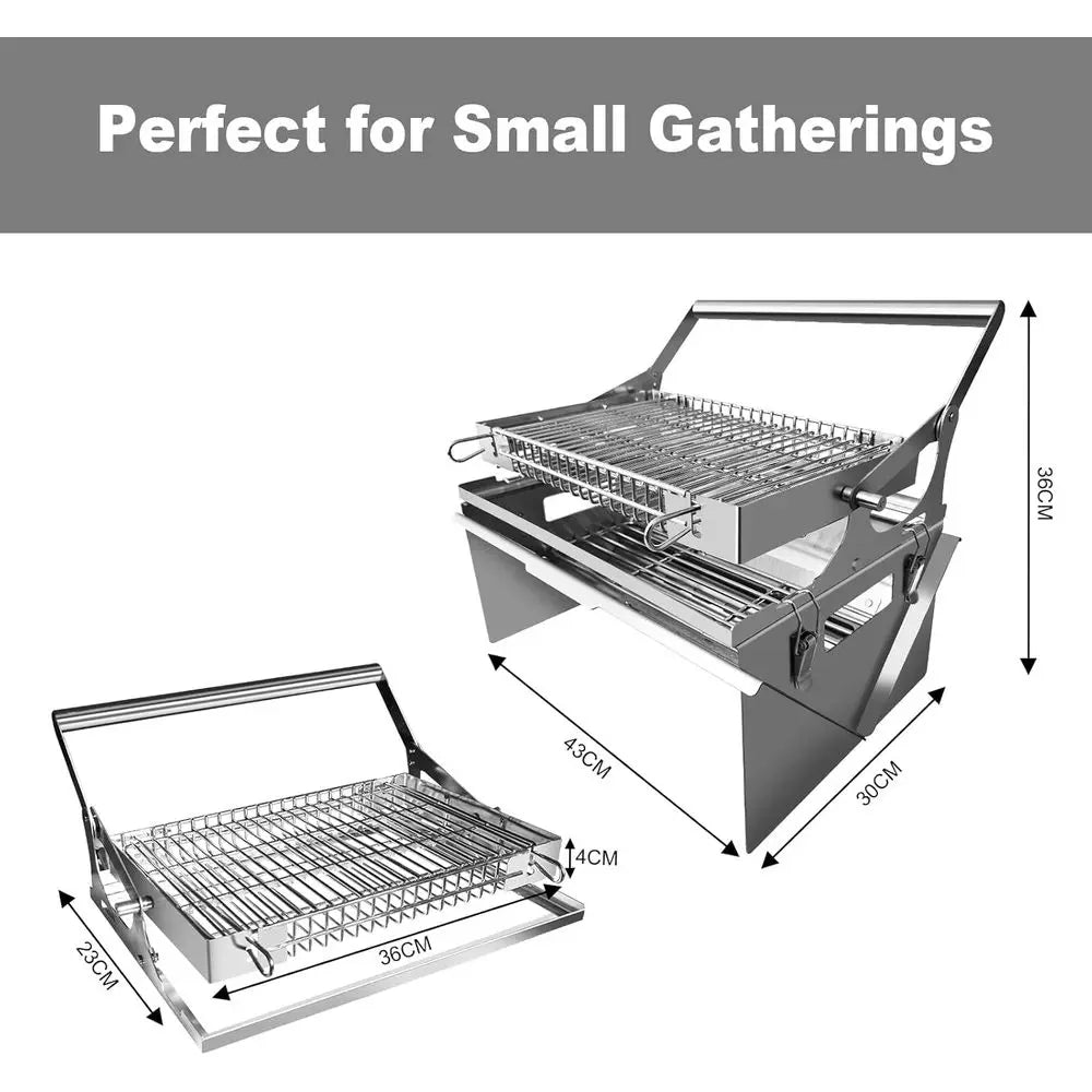 Portable 360-Degree Rotating Charcoal Grill with Lipped Basket - 304 Stainless Steel Smoker for Camping and Outdoor Adventures,