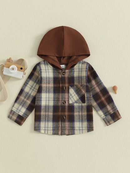 Cute Baby Boy Girl Plaid Hooded Shirt with Pockets and Button-up Design Long Sleeve Fall Tops for Casual Toddler Outfits