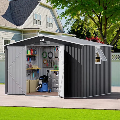 10x8 Outdoor Metal Storage Shed with Lockable Door and Vented Window for Garden Tools and Waterproof Backyard Storage