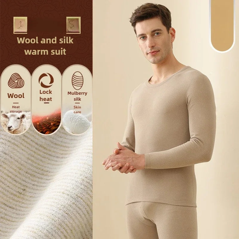 Men's Winter Underwear Set Warm Fleece Lined T Shirt Thick Crew Neck Solid Basic Pants Two Pieces Thermal Underwear Clothing
