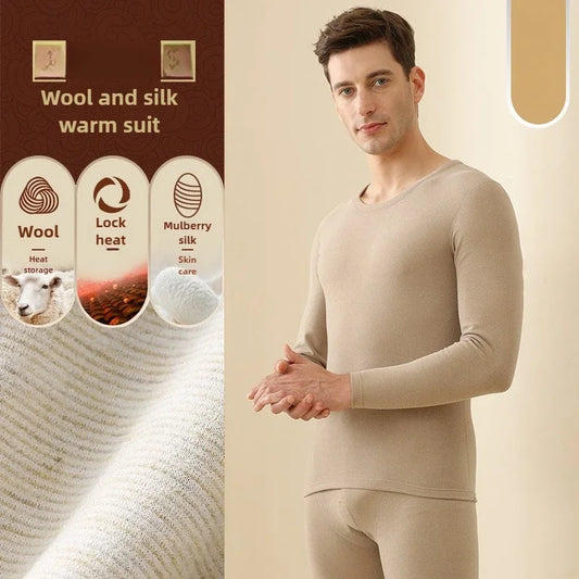 Men's Winter Underwear Set Warm Fleece Lined T Shirt Thick Crew Neck Solid Basic Pants Two Pieces Thermal Underwear Clothing