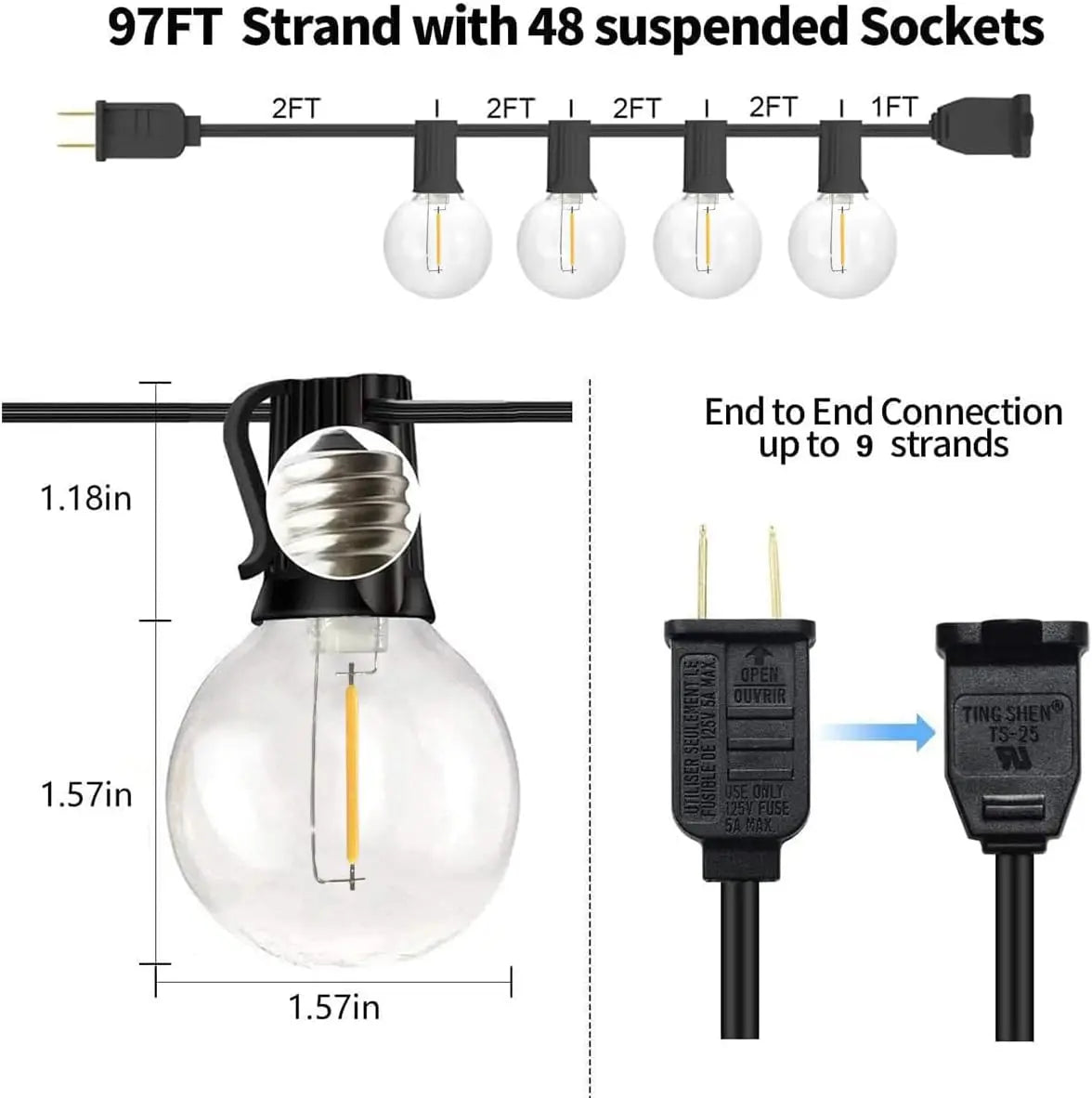 97FT Outdoor LED String Lights with 49 Shatterproof Bulbs, Waterproof for Backyard, Porch, Party, Camping