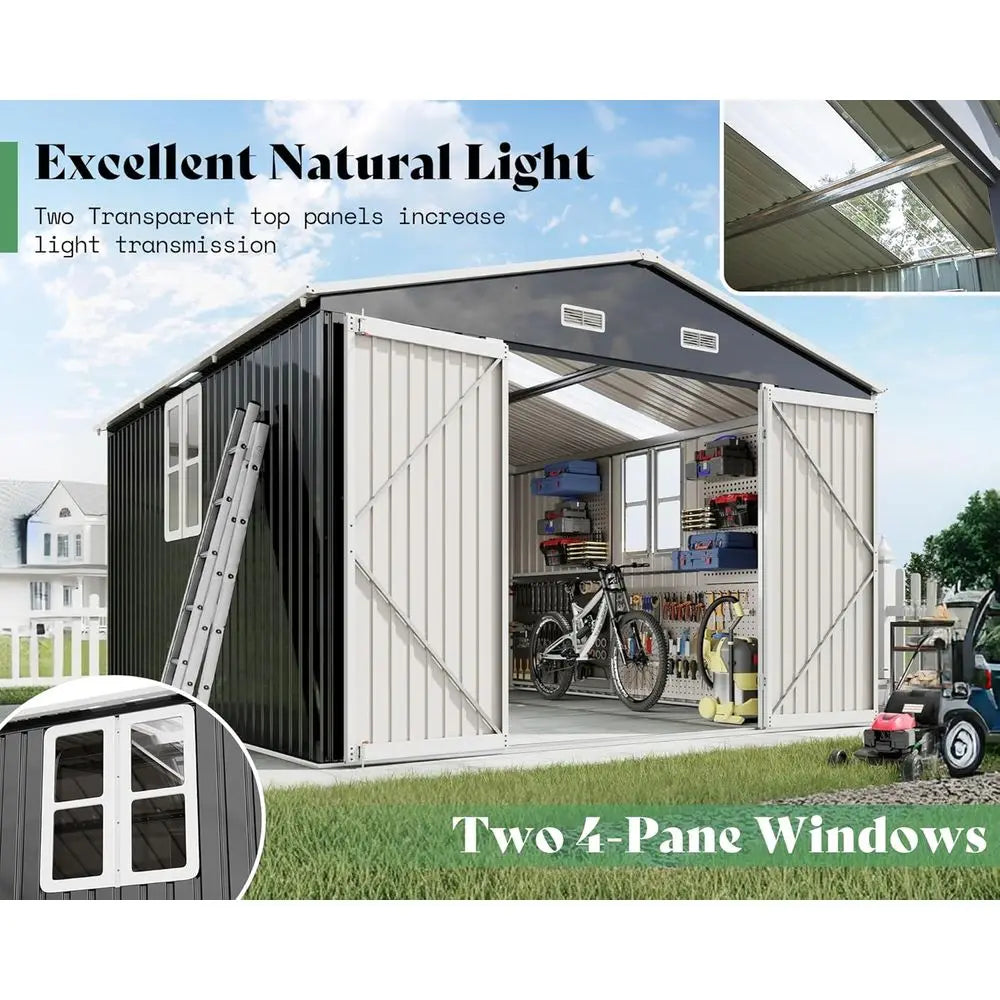 10x12x7ft Outdoor Metal Storage Shed with 2 Clear Panels, Hinged Doors, 2 Windows & 4 Vents, Reinforced Steel, Gray