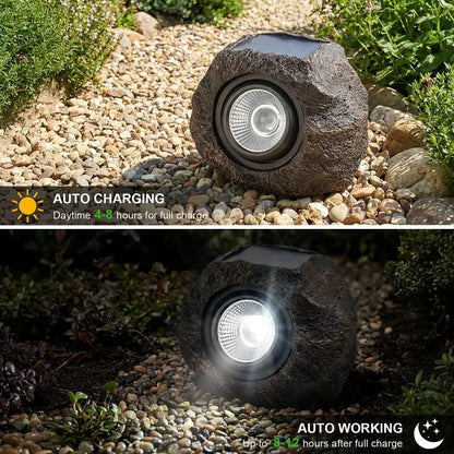 Rock Lights Outdoor 2 Pack Waterproof LED Landscape Garden Spotlights, Realistic Stone Design, Wireless Solar Powered Pathway Li