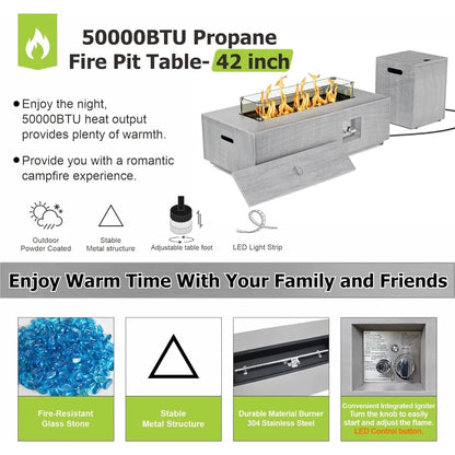 2-Piece Outdoor Propane Fire Pit Table Set,42'' Rectangular Fire Pits for Outside Patio Table Fire Pit w LED, 50,000 BTU