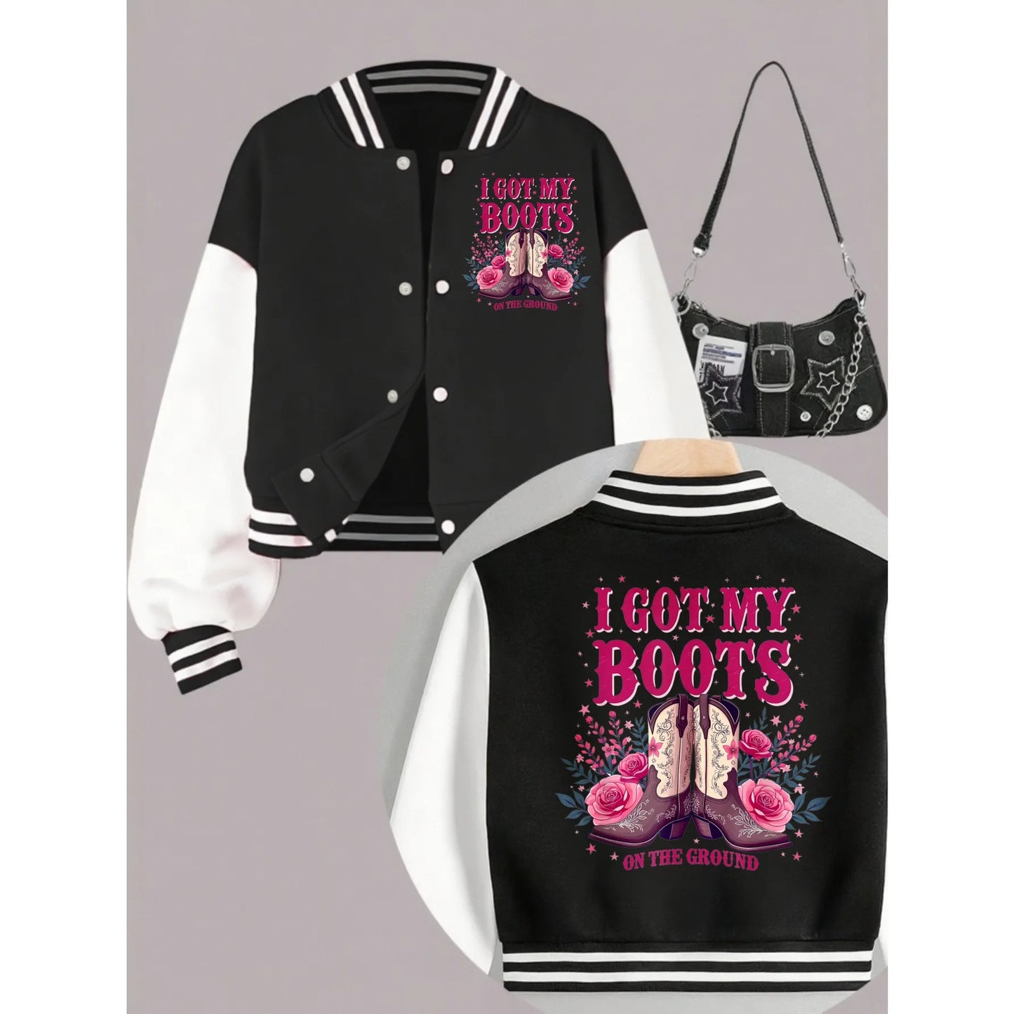 1PCS Autumn Winter Tween Girls Clothes  Boots On The Grounds Double Sided Print Short Cropped School Style Girl Baseball Jacket