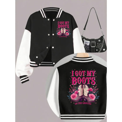 1PCS Autumn Winter Tween Girls Clothes  Boots On The Grounds Double Sided Print Short Cropped School Style Girl Baseball Jacket