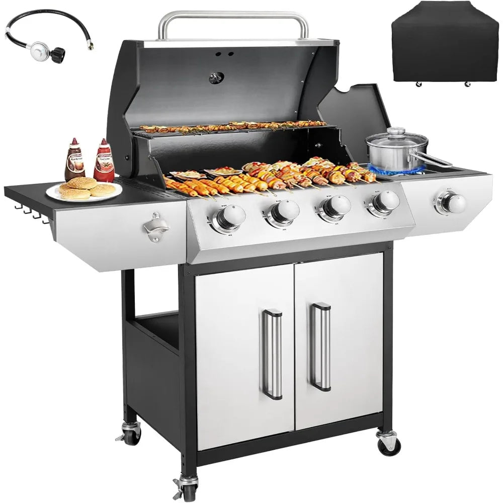 4-Burner Propane Gas BBQ Grill with Side Burner, Barbecue Gas Grill with Enameled Cast Iron Grates for Outdoor Patio Garden Barb