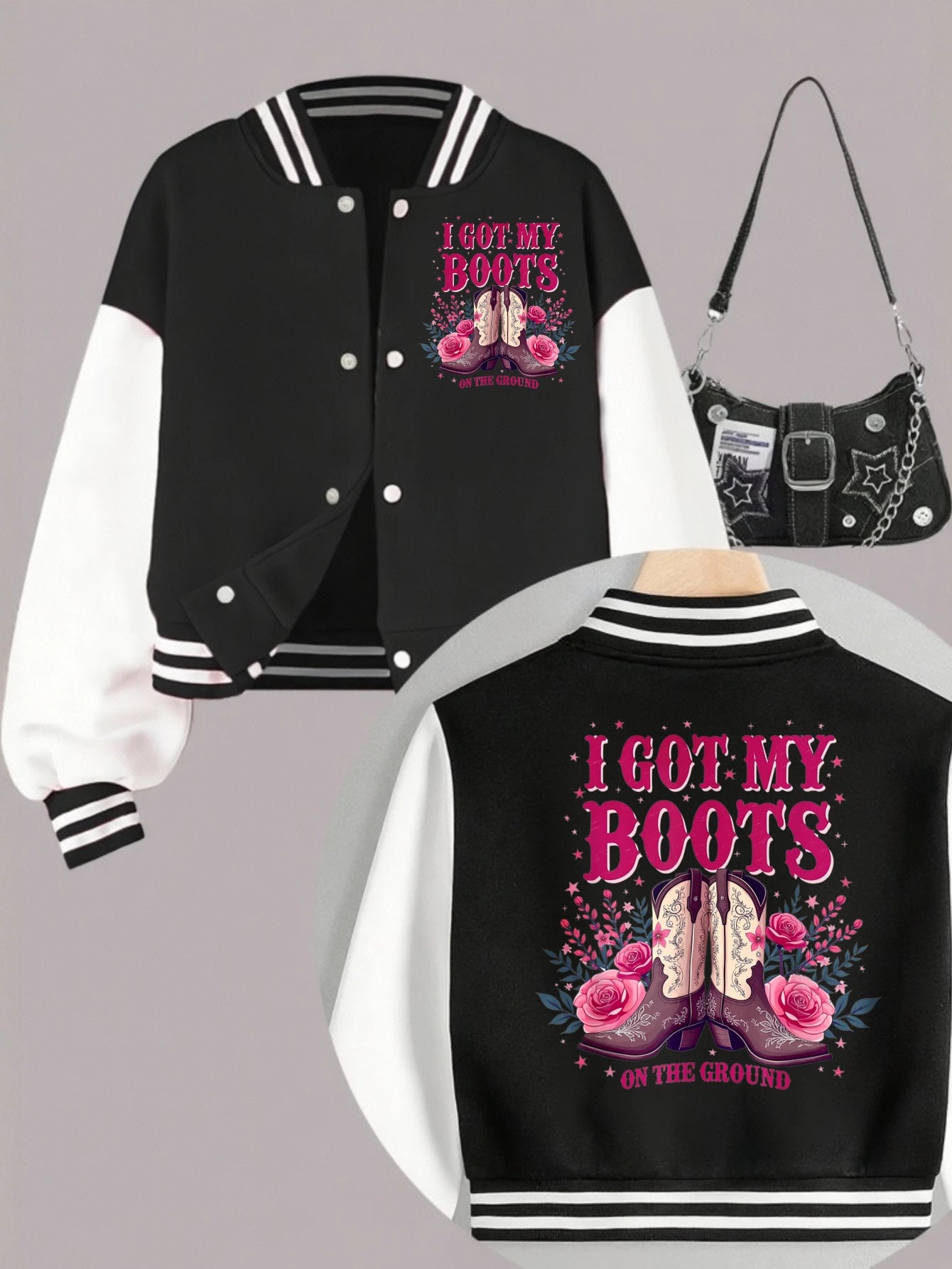 1PCS Autumn Winter Tween Girls Clothes  Boots On The Grounds Double Sided Print Short Cropped School Style Girl Baseball Jacket
